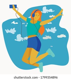 Happy girl jumping and listening to music on headphones. Vector cartoon illustration. For design, print, banner, billboard, stylish backgound. Sky, clouds. Red-haired woman in sportswear. Player,phone