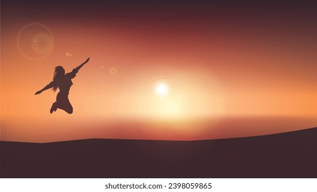 happy girl jumping on beach sea scape sunset vector bg