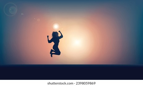 happy girl jumping on beach sea scape sunset vector bg