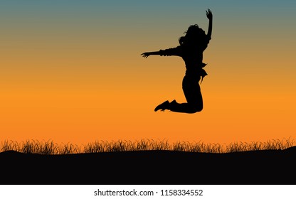 Happy girl jumping on top of the mountain, Vector illustration