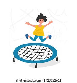 Happy girl jumping on trampoline. Young woman having fun jump and bouncing, spare time, training and activity. Cartoon flat vector illustration on white background

