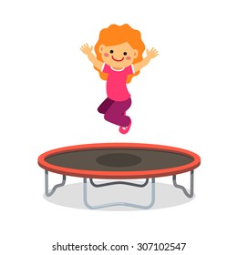 Happy girl jumping on trampoline. Flat style cartoon vector illustration isolated on white background.