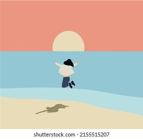 Happy girl jumping on the tropical beach at the sunset time. Summer vacation holiday Lifestyle. Flat vector.