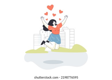 Happy girl jumping with red hearts above head. Young woman feeling love in air of city flat vector illustration. Valentines day, relationship concept for banner, website design or landing web page