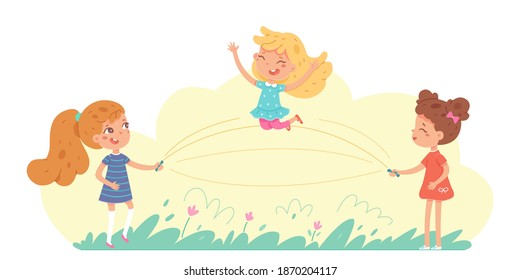 Happy girl jumping rope with friends. Schoolgirls play in activity games outdoor. Vector character illustration of friendship in childhood, sport exercising, summer leisure, children pastime together