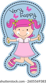 Happy Girl Jumping Rope with Pink Pigtails and Butterfly Decorations