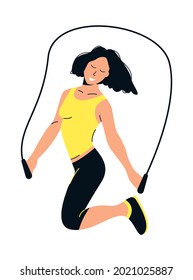 Chica feliz saltando cuerda. El concepto de deporte y de construcción de cuerpos. Ilustración vectorial en estilo plano