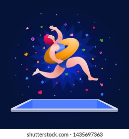 Happy girl is jumping in the smart phone or digital tablet pool. Smartphone summer fun concept. Vector illustration.