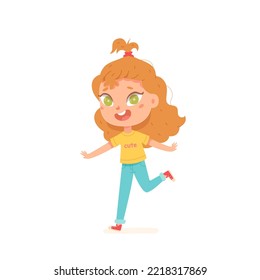 Happy girl jumping vector illustration. Cartoon isolated active child running, sport exercises in summer park, healthy walk with jumps of funny excited small school kid in jeans and sneakers