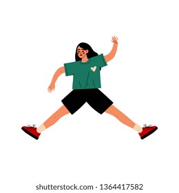 Happy Girl Jumping Wearing Casual Clothes, Young Woman Celebrating Important Event, Dance  Party, Friendship, Sport Concept Vector Illustration