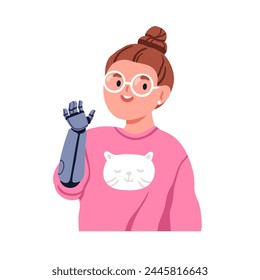 Happy girl kid with artificial limb waving hi. Cute smiling friendly child character greeting with robot arm gesture, bionic hand prosthesis. Flat vector illustration isolated on a white background