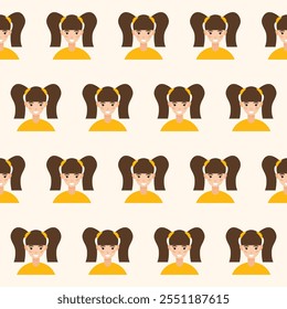 Happy Girl Kid Character Avatar Seamless Pattern Background. Positive Smiling Funny Face Portrait. Happy Birthday Party Wallpaper or Wrapping Paper Print. Joyful Cheerful Child Portrait Fabric Textile