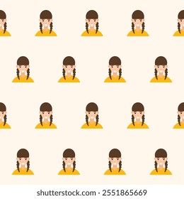 Happy Girl Kid Character Avatar Seamless Pattern Background. Positive Smiling Funny Face Portrait. Happy Birthday Party Wallpaper or Wrapping Paper Print. Joyful Cheerful Child Portrait Fabric Textile