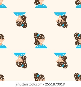 Happy Girl Kid Character Avatar Seamless Pattern Background. Positive Smiling Funny Face Portrait. Happy Birthday Party Wallpaper or Wrapping Paper Print. Joyful Cheerful Child Portrait Fabric Textile