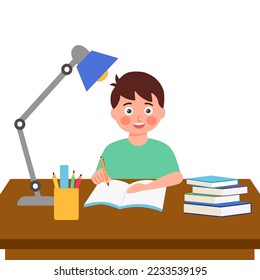 Happy girl kid doing homework in flat design on white background.