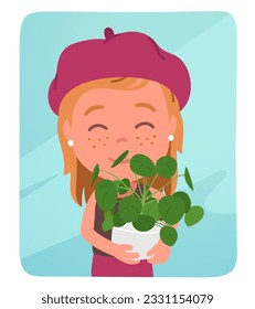 Happy girl kid growing pot plant sticker. Smiling child person holding caring about potted pilea peperomioides houseplant. Floral home decoration, gardening hobby, botany flat vector illustration