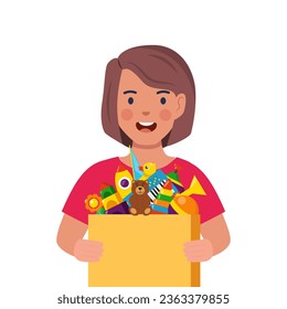 Happy girl kid holding toy box full of toys. Cubes, whirligig, duck, ball rattle, pyramid, pipe, bear, ball, rocket, tambourine boat Vector illustration