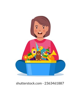 Happy girl kid holding toy box full of toys. Cubes, whirligig, duck, ball rattle, pyramid, pipe, bear, ball, rocket, tambourine boat Vector illustration