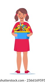 Happy girl kid holding toy box full of toys. Cubes, whirligig, duck, ball rattle, pyramid, pipe, bear, ball, rocket, tambourine boat Vector illustration