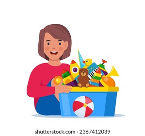 Happy girl kid holding toy box full of toys. Cubes, whirligig, duck, ball rattle, pyramid, pipe, bear, ball, rocket, tambourine boat Vector illustration