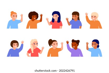 Happy Girl Kids Waving Hands Hello. Smiling Little Children Greeting, Welcome Or Goodbye Gesture. Young Friends, Elementary School Students, Kindergarten Pupils Girls. Vector Flat Illustration