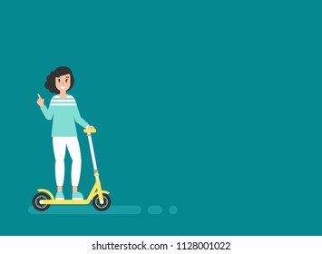 happy girl with kisk scooter or balance bike. creative hipster. flat vector illustration turquoise background. activity, free work, creative ideas. Rest and vacation.