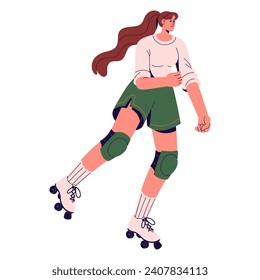 Happy girl in knee pads rides on roller skates. Young woman in safety sports uniform rollerskating. Cute skater rollerblading, training outdoors. Flat isolated vector illustration on white background