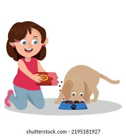 Happy girl kneeling beside her dog, child feeding her pet.