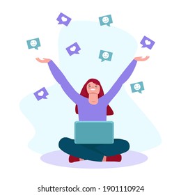 Happy girl with a laptop catches with raised hands smiles and likes. Social media networking concept. Vector illustration in flat cartoon style. Isolated on a white background.