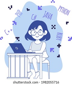 Happy girl with a laptop, online coding course concept flat design illustration, online study, happy girl, idea, coding, e-learning, robotics, stem learning, tinkering kid, coder girl