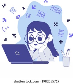 Happy Girl With A Laptop, Online Coding Course Concept Flat Design Illustration, Online Study, Happy Girl, Idea, Coding, E-learning, Robotics, Stem Learning, Tinkering Kid, Coder Girl