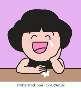 Happy Girl Laughing Out Loud With Mouth Wide Open At Table Concept Card Character illustration