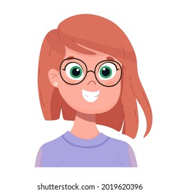 Happy girl laughs. Human emotions. Vector avatar with happy woman wearing glasses.