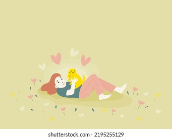 A happy girl lay down on the grass in the park and playing with the dog. flat vector illustration. 