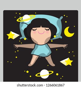 Happy Girl Laying Or Sleeping And Gradually Sinking In Galaxy Bed Concept Card Character illustration