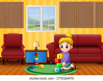 Happy girl learn and play in a room