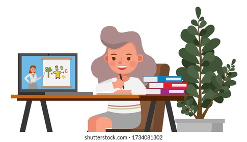 Happy girl learning online with computer character vector design. Stay at home concept. no2