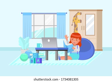 Happy girl learning online with computer character vector design. Stay at home concept.