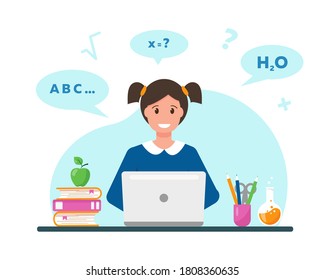 Happy girl learning online from home. Online education concept. Vector illustration.