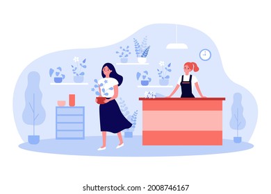 Happy girl leaving store with plant. Flat vector illustration. Interior of florist shop, seller at counter, girl going, holding flowerpot in her hands. Nature, planting, home design, shopping concept