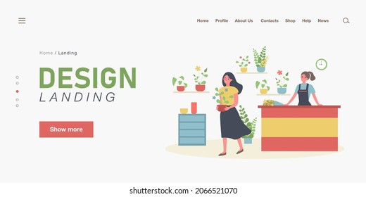 Happy girl leaving store with plant. Flat vector illustration. Interior of florist shop, seller at counter, girl going, holding flowerpot in her hands. Nature, planting, home design, shopping concept
