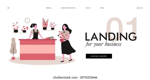 Happy girl leaving store with plant. Flat vector illustration. Interior of florist shop, seller at counter, girl going, holding flowerpot in her hands. Nature, planting, home design, shopping concept