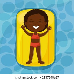 A happy girl lies on an inflatable mattress on the water and sunbathes. The child is dressed in a red swimsuit and smiling. Summer holiday cartoon style top view.