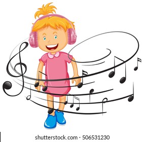 Happy girl listen to music by headphone illustration