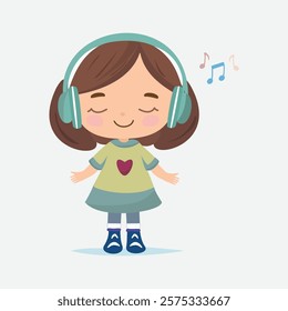 Happy Girl Listening to Music. A charming cartoon illustration of a joyful girl wearing headphones, enjoying music with a big smile and closed eyes, surrounded by musical notes