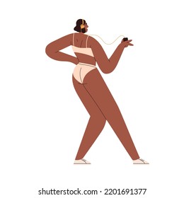 Happy girl listening to music in headphones. Young black woman in bikini dancing to song with mobile phone, enjoying audio in beachwear. Flat graphic vector illustration isolated on white background