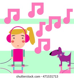 happy girl listening to music on the player in the background pink tones and cheerful dog each flat design vector
