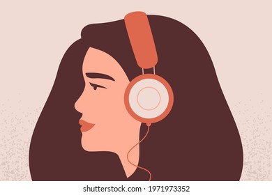 Happy girl listens to music in the big headphones. Side view avatar of Young woman wearing earphones. Music therapy concept. Vector illustration