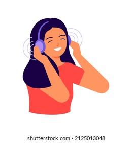 Happy girl listens to music on headphones, headset for sound. Woman in earphones enjoy music, music therapy. Vector flat illustration