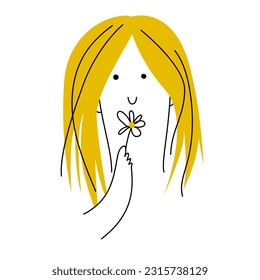 Happy girl with long hair and a flower in her hand. The concept of harmony and self-care. Funny character. Thin line flat illustration